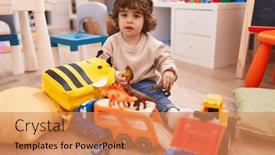  Presentation with dinosaur - Presentation theme enhanced with adorable-hispanic-boy-playing background and a coral colored foreground