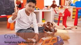  Presentation with dinosaur - Slide deck featuring adorable-hispanic-boy-playing background and a red colored foreground