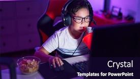  Presentation with beverage - Presentation theme enhanced with adorable-hispanic-boy-streamer-playing background and a navy blue colored foreground