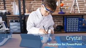  Presentation with robot - Slide deck featuring adorable-hispanic-boy-student-repairing background and a ocean colored foreground