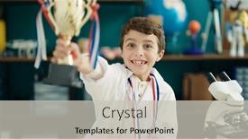  Presentation with trophy - PPT theme having adorable-hispanic-boy-student-smiling background and a light gray colored foreground