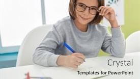  Presentation with student writing - Slide deck with adorable-hispanic-boy-student-smiling background and a light gray colored foreground