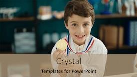  Presentation with gold medal - Theme with adorable-hispanic-boy-student-smiling background and a coral colored foreground