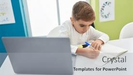  Presentation with writing notes - PPT theme having adorable-hispanic-boy-student-using background and a light gray colored foreground