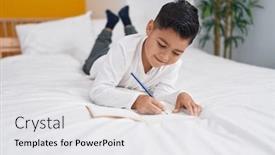  Presentation with notebook - PPT theme consisting of adorable-hispanic-boy-writing and a white colored foreground