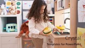  Presentation with hamburger - PPT theme having adorable-hispanic-girl-playing background and a coral colored foreground