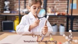  Presentation with looking glass - PPT theme consisting of adorable-hispanic-girl-student-looking background and a coral colored foreground