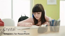  Presentation with student writing - Slide deck enhanced with adorable-hispanic-girl-student-writing background and a soft green colored foreground