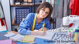  Presentation with clothing factory - PPT layouts enhanced with adorable-hispanic-girl-tailor-drawing background and a light blue colored foreground