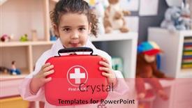  Presentation with first aid kit - PPT theme with adorable-hispanic-girl-wearing-doctor background and a coral colored foreground