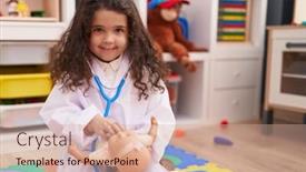  Presentation with baby doctor - PPT layouts enhanced with adorable-hispanic-girl-wearing-doctor background and a soft green colored foreground