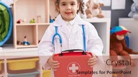  Presentation with first aid kit - Presentation theme featuring adorable-hispanic-girl-wearing-doctor background and a coral colored foreground