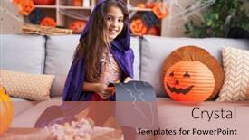  Presentation with halloween bat - Presentation theme consisting of adorable-hispanic-girl-wearing-halloween background and a coral colored foreground