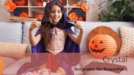  Presentation with halloween bat - PPT theme with adorable-hispanic-girl-wearing-halloween background and a coral colored foreground
