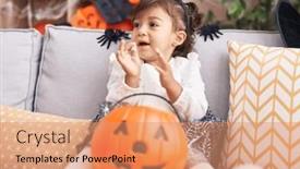  Presentation with costume - PPT theme enhanced with adorable-hispanic-girl-wearing-halloween background and a coral colored foreground