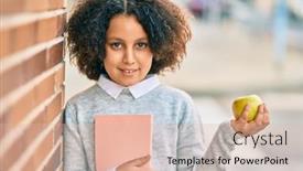  Presentation with green city - Colorful presentation theme enhanced with adorable-hispanic-student-child-girl backdrop and a lemonade colored foreground