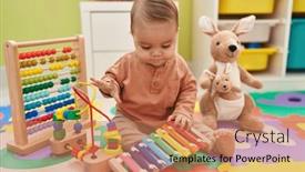  Presentation with xylophone - Presentation theme enhanced with adorable-hispanic-toddler-playing-xylophone background and a coral colored foreground