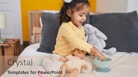  Presentation with doll - Presentation theme featuring adorable-hispanic-toddler-playing background and a coral colored foreground