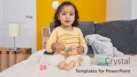  Presentation with doll - Presentation design consisting of adorable-hispanic-toddler-playing background and a lemonade colored foreground
