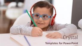  Presentation with listening - Presentation design consisting of adorable-hispanic-toddler-student-listening background and a coral colored foreground