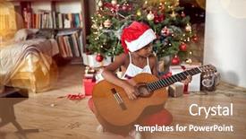  Presentation with merry christmas and new year - Slide set with adorable kid girl playing guitar background and a  colored foreground