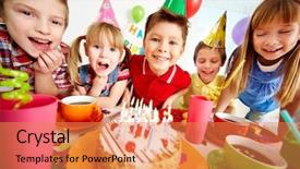  Presentation with kids birthday - Colorful theme enhanced with adorable kids gathered around birthday backdrop and a coral colored foreground