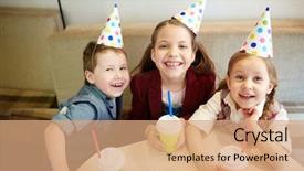  Presentation with kids birthday - Slide deck having adorable kids in birthday caps background and a  colored foreground