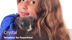  Presentation with shoulder - Cool new PPT theme with adorable kitten climbing over the shoulder of a happy long-haired preteen isolated on white backdrop and a tawny brown colored foreground
