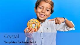  Presentation with finger - Cool new presentation design with adorable-latin-kid-holding-donut backdrop and a light blue colored foreground