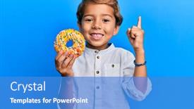  Presentation with finger - Cool new PPT layouts with adorable-latin-kid-holding-donut backdrop and a teal colored foreground