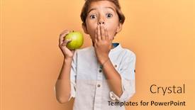  Presentation with green apple - PPT theme enhanced with adorable-latin-kid-holding-green background and a coral colored foreground