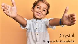  Presentation with hug - Amazing PPT theme having adorable-latin-kid-wearing-casual backdrop and a coral colored foreground