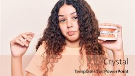  Presentation with denture - Presentation theme featuring adorable-latin-teenager-holding-denture background and a coral colored foreground