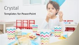  Presentation with birthday boy - Presentation theme consisting of adorable little boy eating birthday cake by festive table during celebration in kindergarten background and a white colored foreground