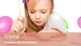 Presentation with artwork - Amazing PPT theme having adorable little girl drawing artwork studio shot backdrop and a coral colored foreground