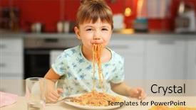  Presentation with spaghetti - Presentation theme having adorable little girl eating spaghetti background and a coral colored foreground