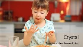  Presentation with spaghetti - PPT theme enhanced with catsup - adorable little girl eating spaghetti background and a coral colored foreground