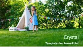  Presentation with fun - PPT theme enhanced with teepee - adorable little girl having fun background and a forest green colored foreground
