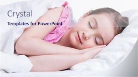  Presentation with pink white - Slide deck having adorable little girl in pink nightie sleeps in the bed on a white background background and a sky blue colored foreground