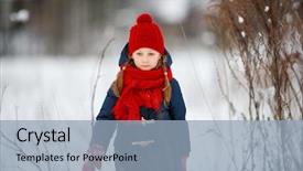  Presentation with snow day - Presentation theme consisting of adorable little girl wearing warm clothes outdoors on beautiful winter snow day background and a light blue colored foreground