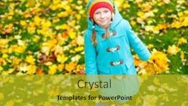  Presentation with maple leaves - Slide set with adorable little girl with yellow maple leaves outdoors at beautiful autumn park background and a gold colored foreground