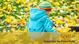 Presentation with maple leaves - Cool new presentation design with adorable little girl with yellow maple leaves outdoors at beautiful autumn park backdrop and a gold colored foreground