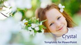  Presentation with spring tree - Slide deck having adorable little girl in in blooming apple tree garden on spring day background and a sky blue colored foreground