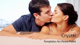  Presentation with couple kiss - Colorful presentation enhanced with adorable multiracial couple kiss on bed at home lifestyle backdrop and a coral colored foreground