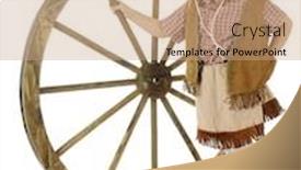  Presentation with cowgirl - Amazing PPT theme having adorable preschool cowgirl looking mad as she stands propping up a large wooden wagon wheel on a white background backdrop and a coral colored foreground