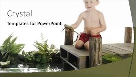  Presentation with dock - Presentation featuring adorable preschooler happily returning a frog to the water the boy sits on a dock surrounded by water and foliage on a white background with plenty of space for your text background and a white colored foreground