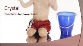  Presentation with beach ball - PPT theme having adorable preschooler ready to catch a beach ball not shown as he kneels at the water's edge in his swim trunks on a white background background and a sky blue colored foreground