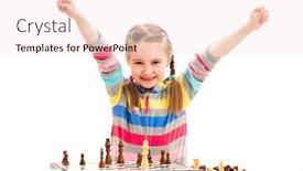  Presentation with winning - PPT theme featuring adorable school age girl feels extremely happy about winning in chess isolated on a white background background and a sky blue colored foreground