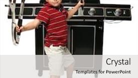  Presentation with utensils - Presentation theme featuring adorable seven year old boy with grill utensils in front of large gas grill background and a light gray colored foreground