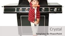  Presentation with utensils - Cool new presentation theme with adorable seven year old boy with grill utensils in front of large gas grill backdrop and a light gray colored foreground